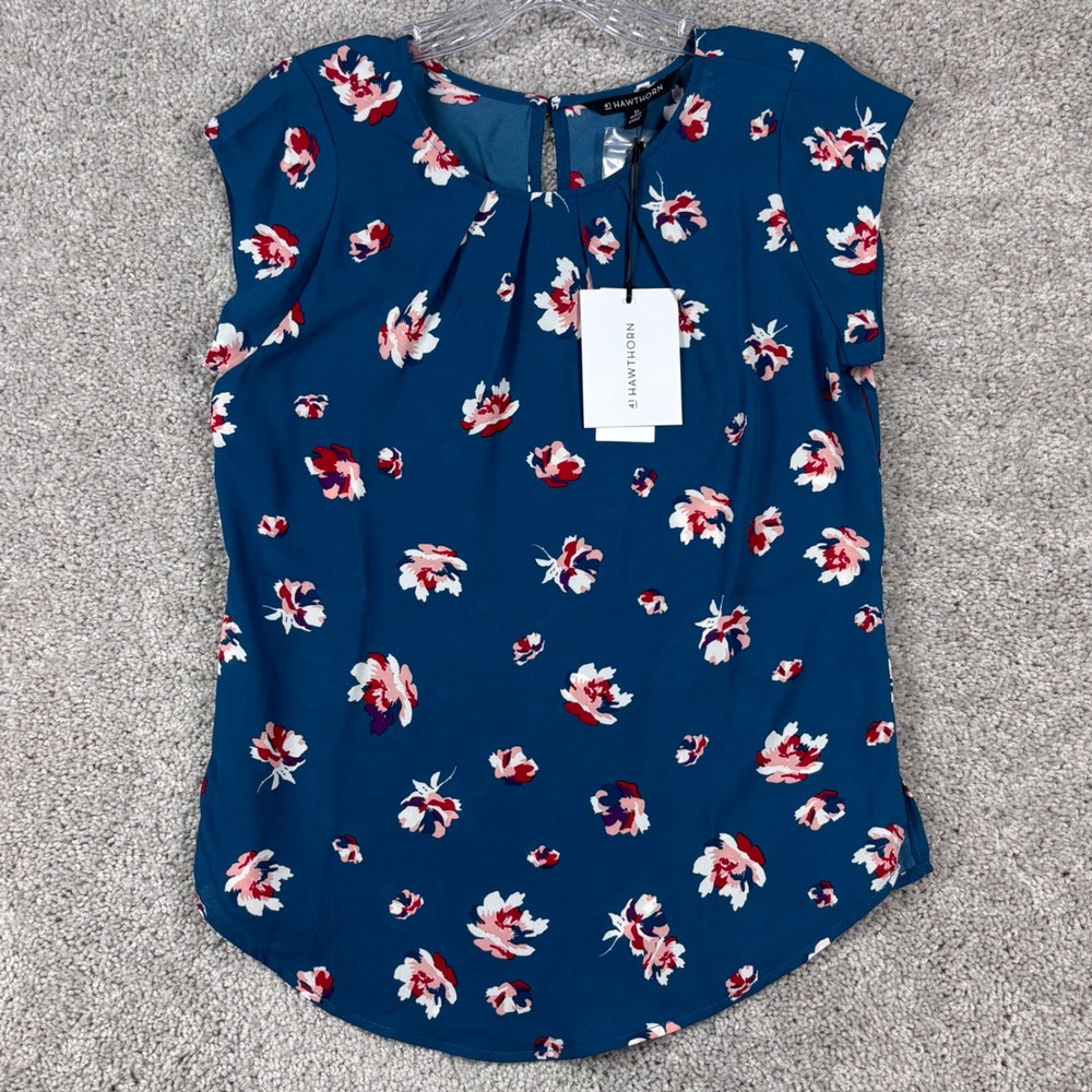 41 Hawthorn Women XS Petite Teal Floral Cap Sleeve Blouse WGW10685-PE NEW